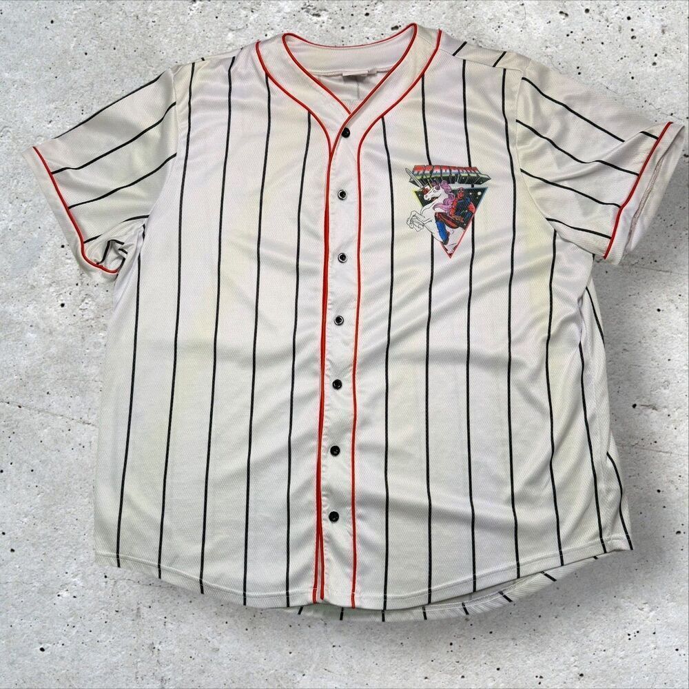 Marvel Deadpool Unicorn Baseball Jersey XL Pinstripe Red Trim Button-Up C-Life